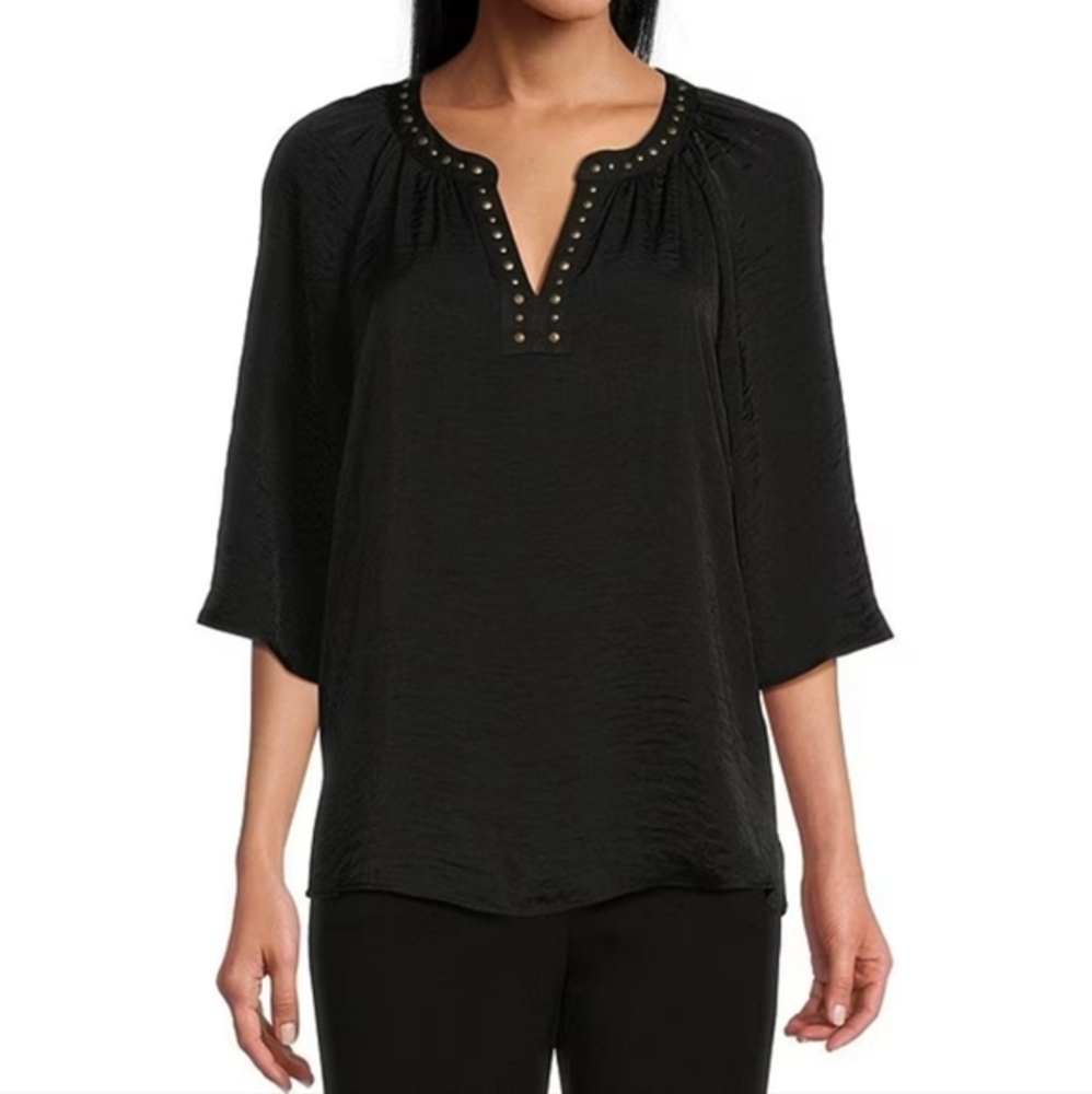 Investments Women's 3/4 Flutter Sleeve Split V Neck Top Blouse Size M Medium